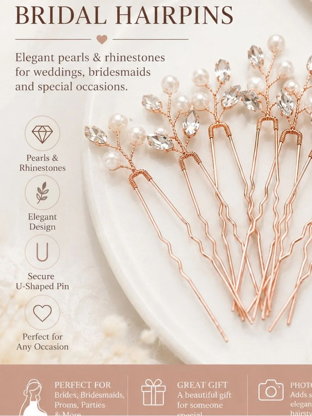 5pc Bridal Pearl & Rhinestone Hairpins - Rose Gold